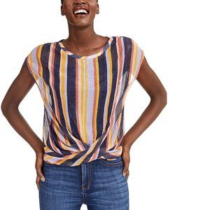 INC Women's Blouse Blue Size XS Knit Shimmer Stripe Twist Front